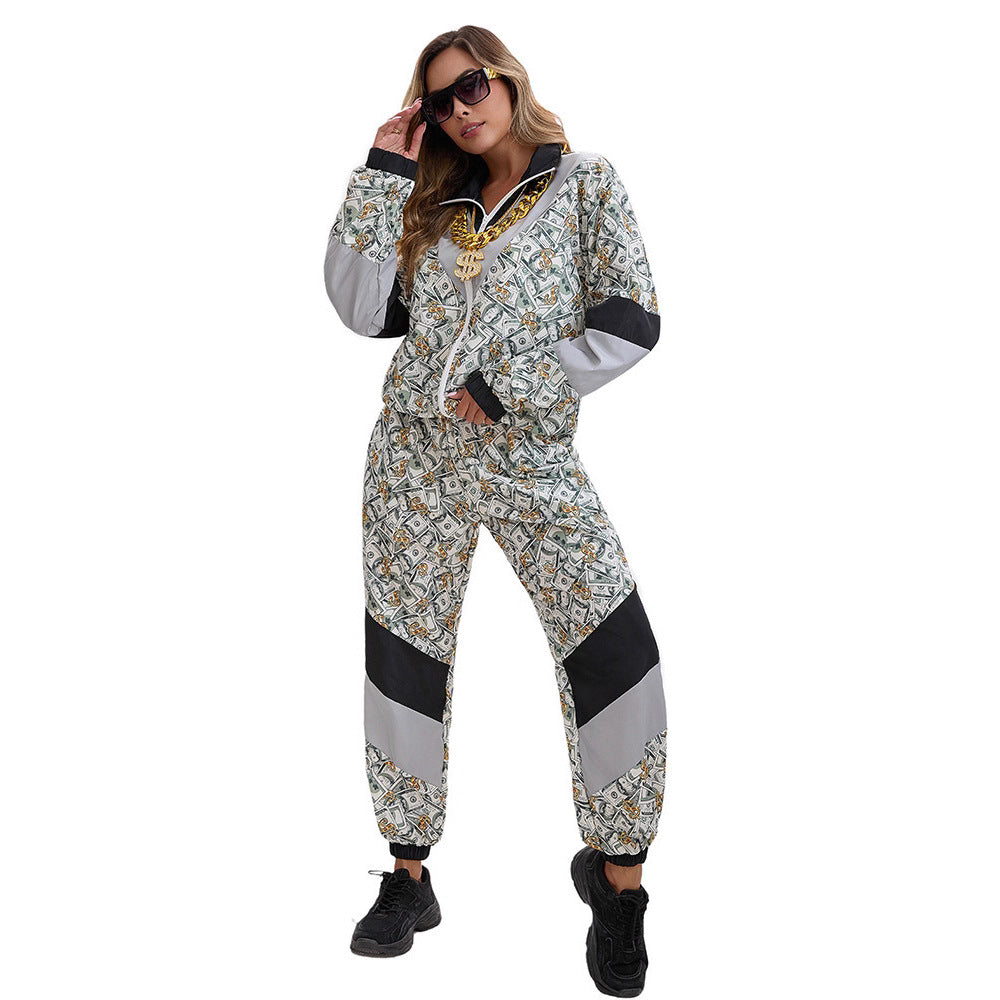 Fashion Style Silhouette Print Long sleeve Disco 80s sportswear Money patternTwo-piece set