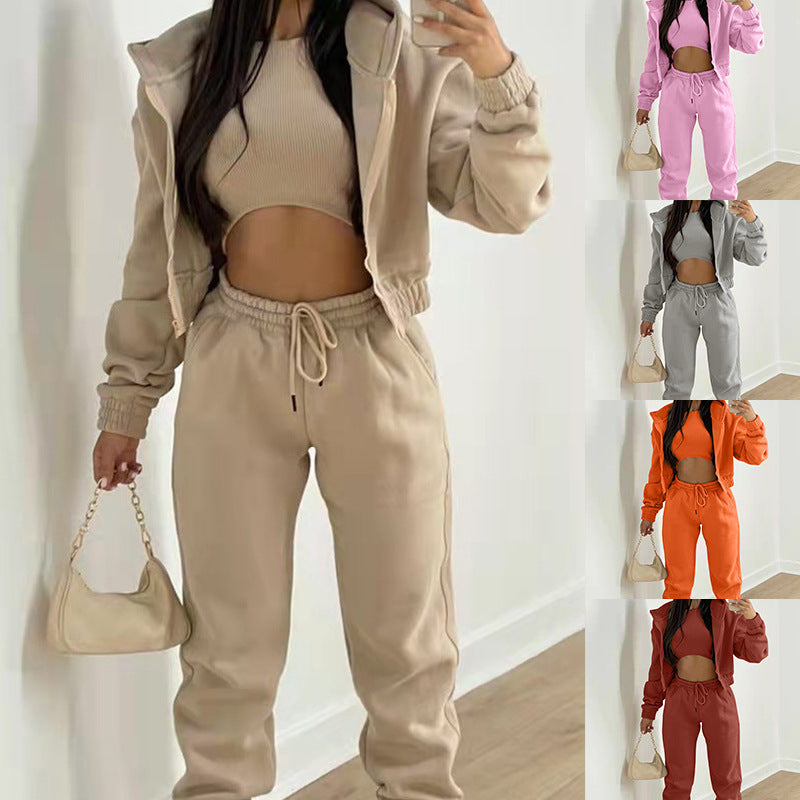 Women's Three-Piece Set Long Pants Loose  Casual Hooded Sportswear Suit