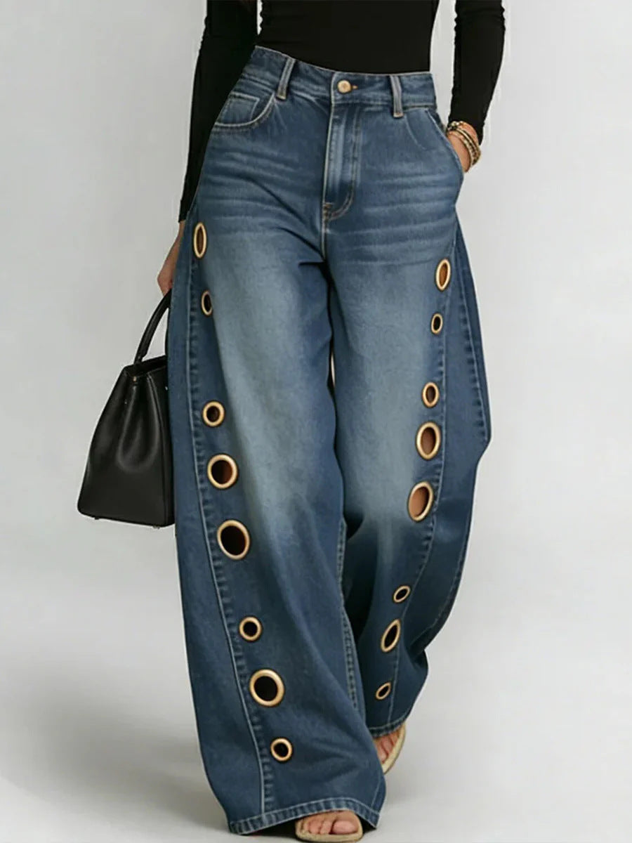 New jeans for women, metal eyelet design, casual loose high-waisted wide-leg jeans