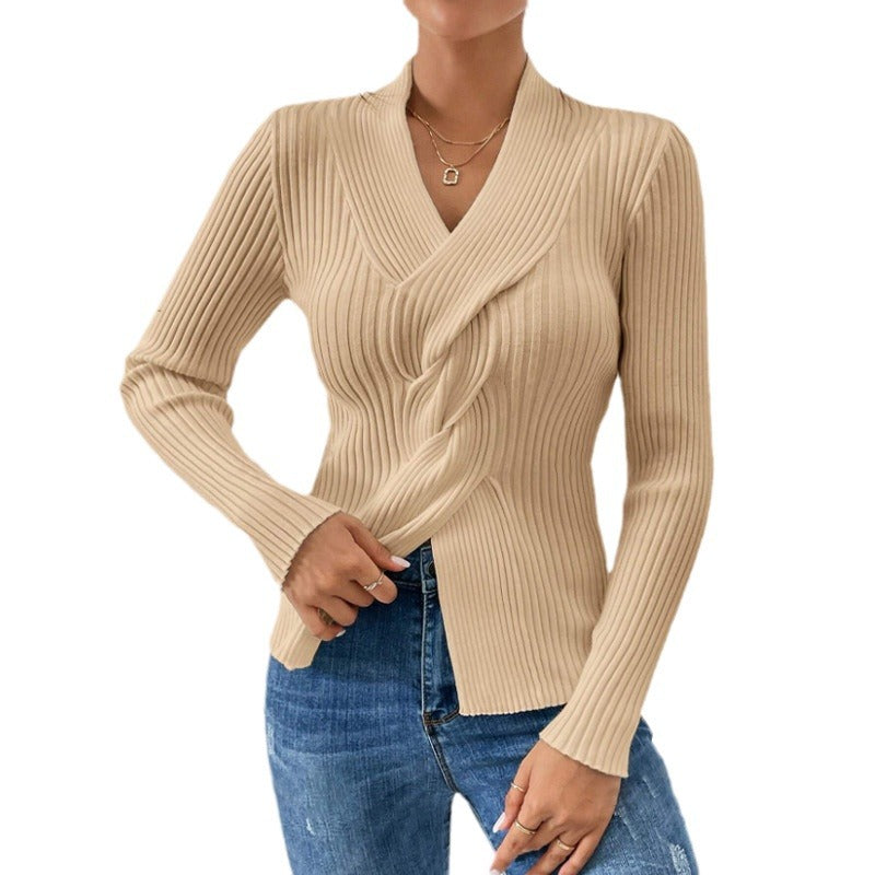 Women's knit sweater, fashion elegant, ribbed hem with slit, long sleeve, solid color, slim fit pullover