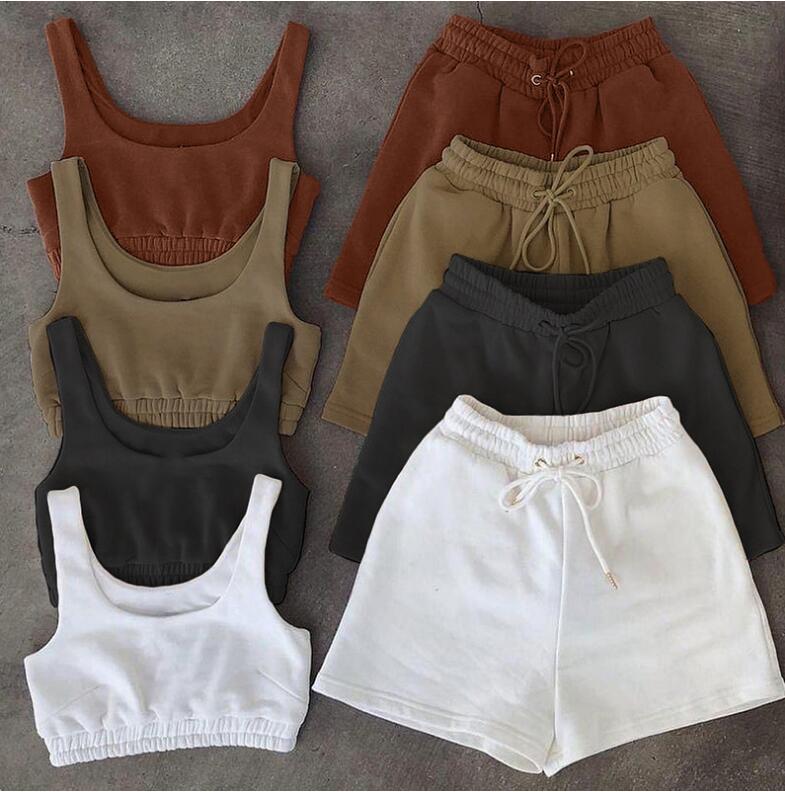 Casual Solid Sportswear Two Piece Sets Women  Crop Top And Drawstring Shorts Matching Set Summer Athleisure Outfits