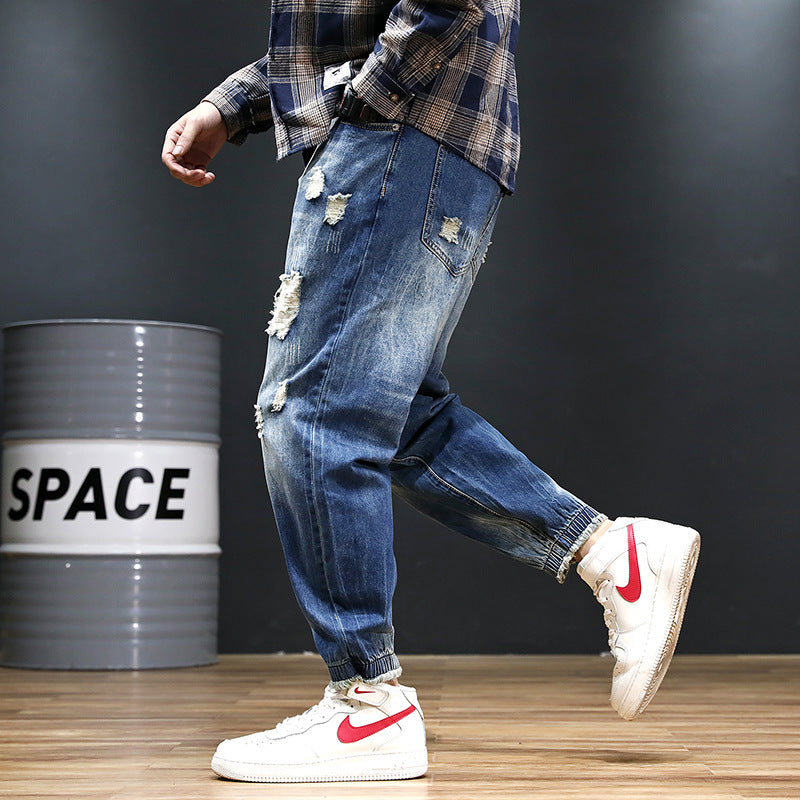 2026 summer New plus size cropped harem pants men's fashion brand European and American ripped ankle-tied loose washed jeans