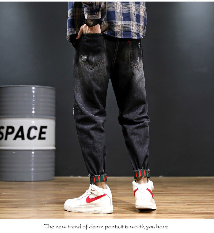 2026 summer New plus size cropped harem pants men's fashion brand European and American ripped ankle-tied loose washed jeans