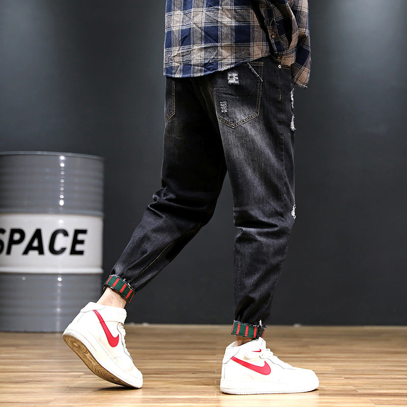 2026 summer New plus size cropped harem pants men's fashion brand European and American ripped ankle-tied loose washed jeans
