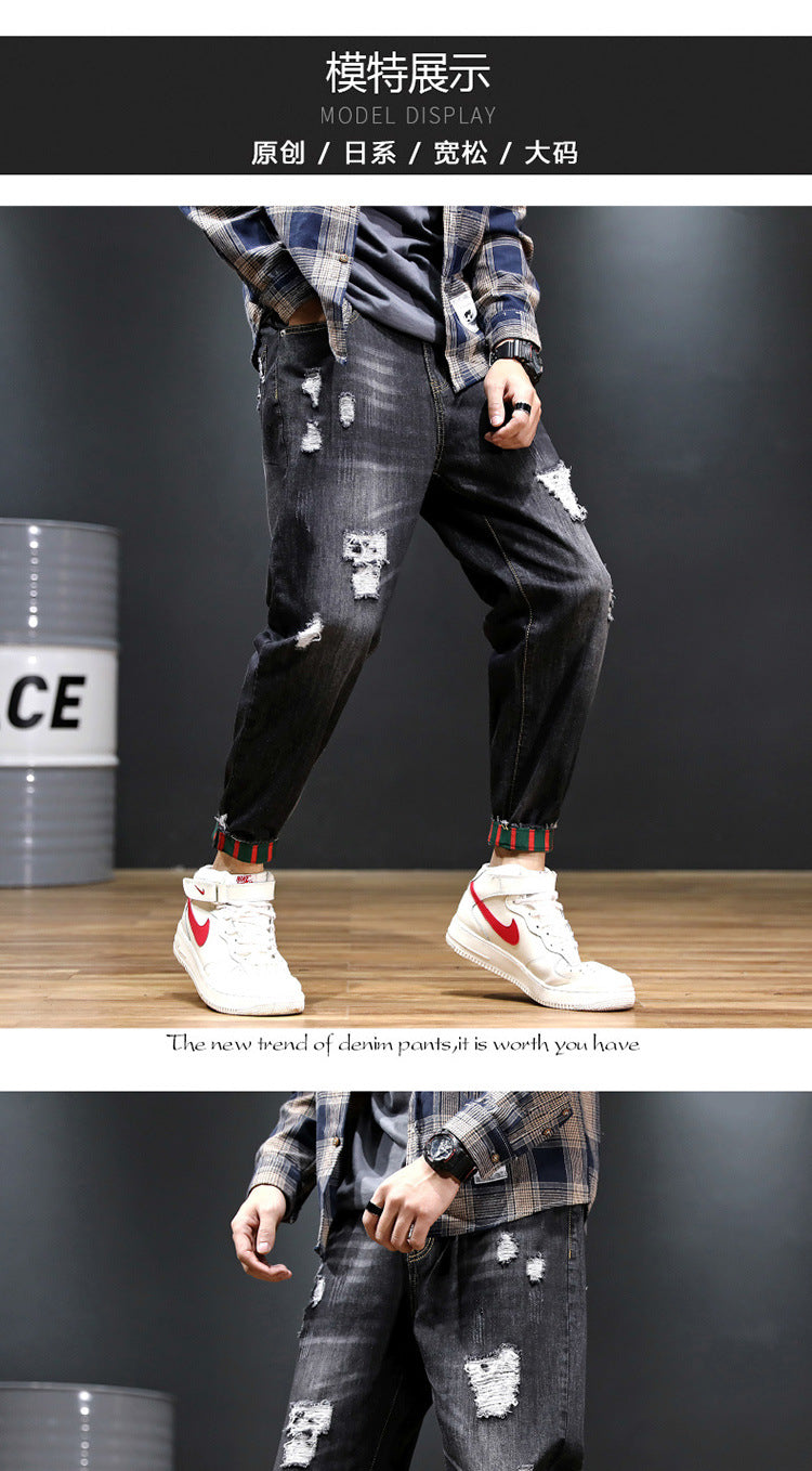2026 summer New plus size cropped harem pants men's fashion brand European and American ripped ankle-tied loose washed jeans