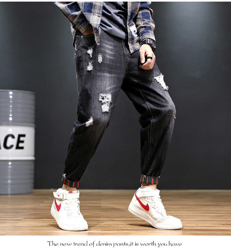 2026 summer New plus size cropped harem pants men's fashion brand European and American ripped ankle-tied loose washed jeans