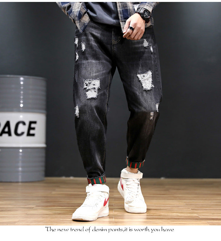 2026 summer New plus size cropped harem pants men's fashion brand European and American ripped ankle-tied loose washed jeans