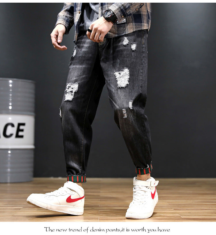 2026 summer New plus size cropped harem pants men's fashion brand European and American ripped ankle-tied loose washed jeans