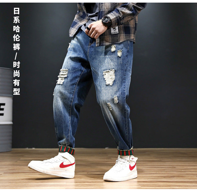 2026 summer New plus size cropped harem pants men's fashion brand European and American ripped ankle-tied loose washed jeans