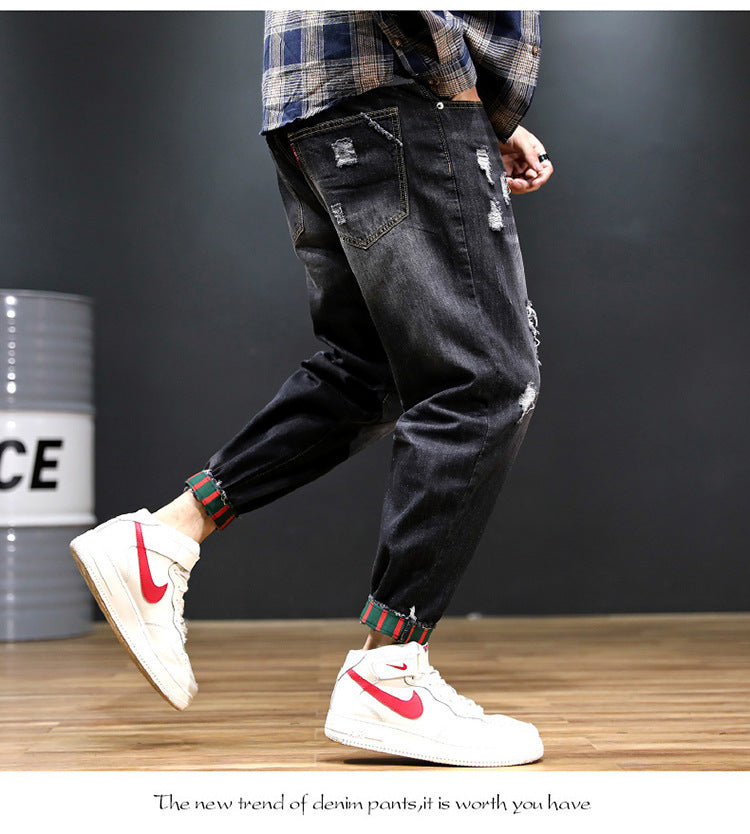 2026 summer New plus size cropped harem pants men's fashion brand European and American ripped ankle-tied loose washed jeans