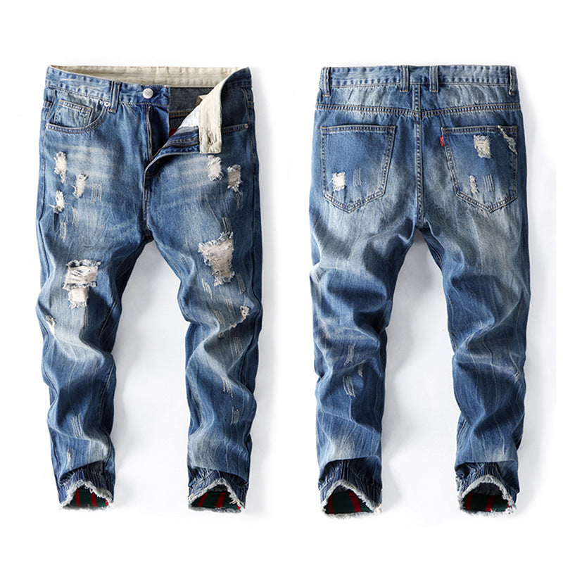 2026 summer New plus size cropped harem pants men's fashion brand European and American ripped ankle-tied loose washed jeans