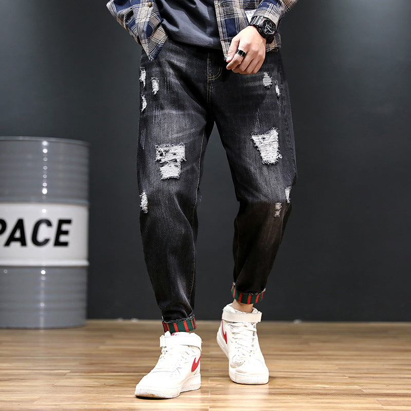 2026 summer New plus size cropped harem pants men's fashion brand European and American ripped ankle-tied loose washed jeans