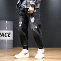 2026 summer New plus size cropped harem pants men's fashion brand European and American ripped ankle-tied loose washed jeans