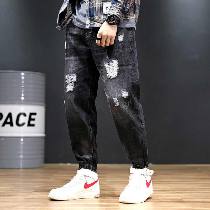 2026 summer New plus size cropped harem pants men's fashion brand European and American ripped ankle-tied loose washed jeans