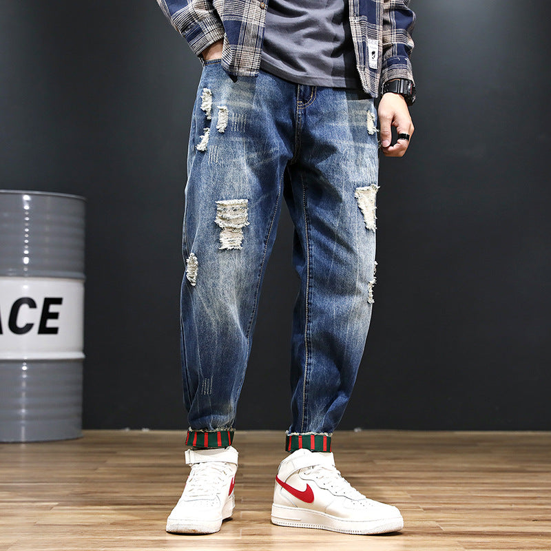 2026 summer New plus size cropped harem pants men's fashion brand European and American ripped ankle-tied loose washed jeans