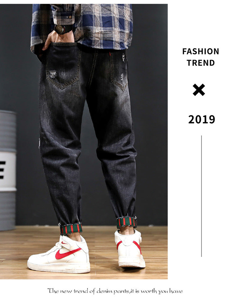 2026 summer New plus size cropped harem pants men's fashion brand European and American ripped ankle-tied loose washed jeans