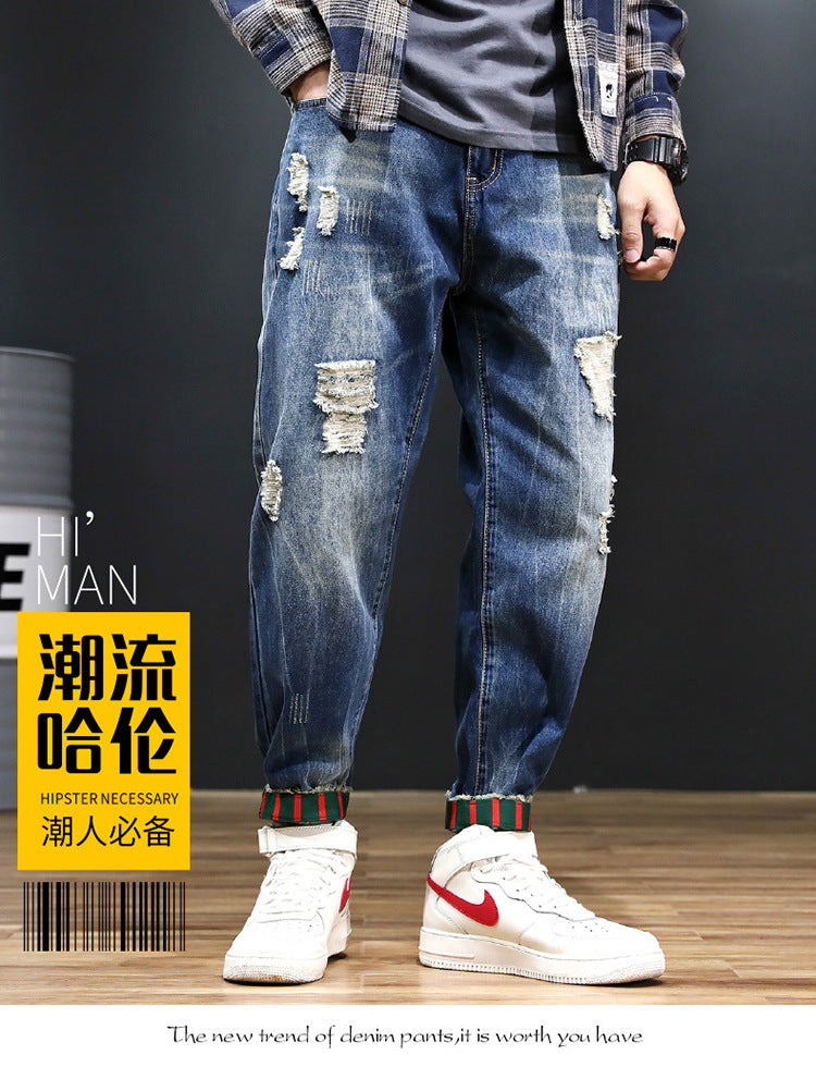 2026 summer New plus size cropped harem pants men's fashion brand European and American ripped ankle-tied loose washed jeans