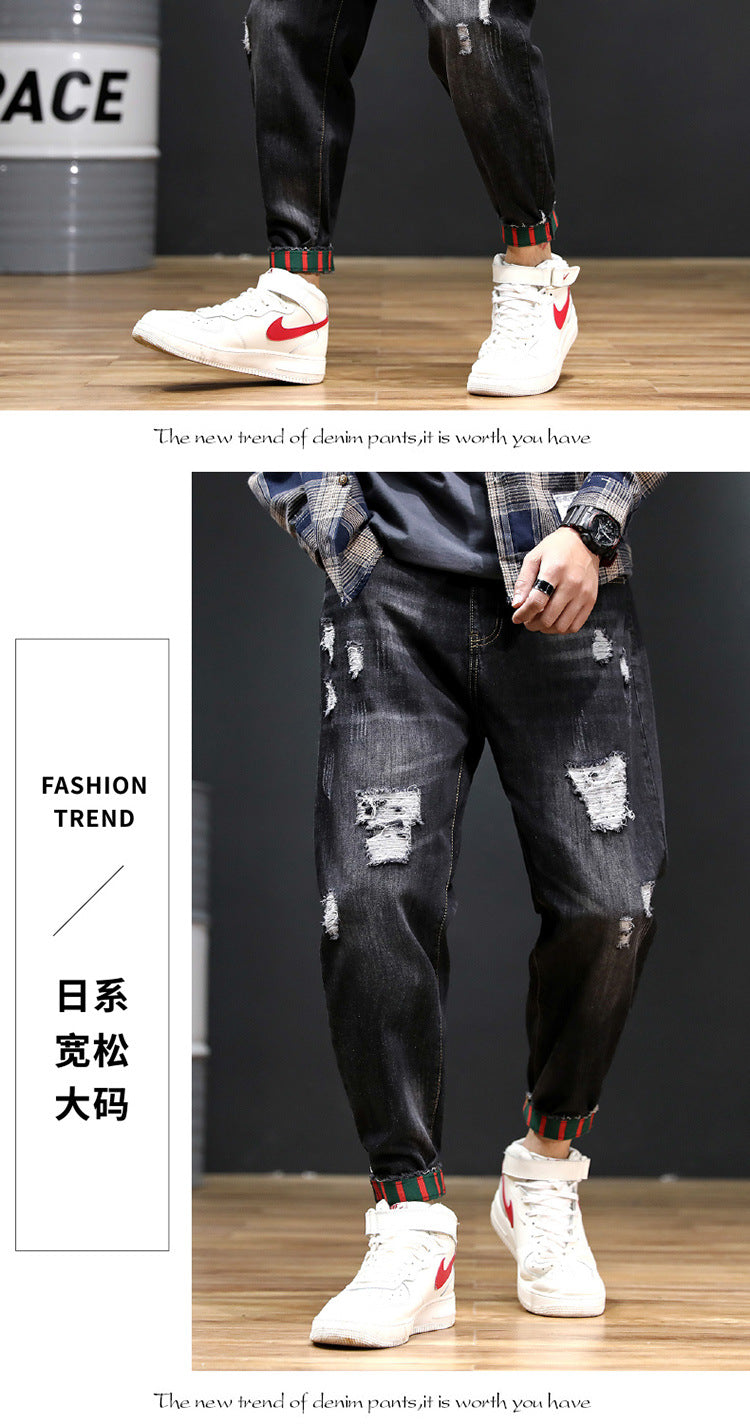 2026 summer New plus size cropped harem pants men's fashion brand European and American ripped ankle-tied loose washed jeans