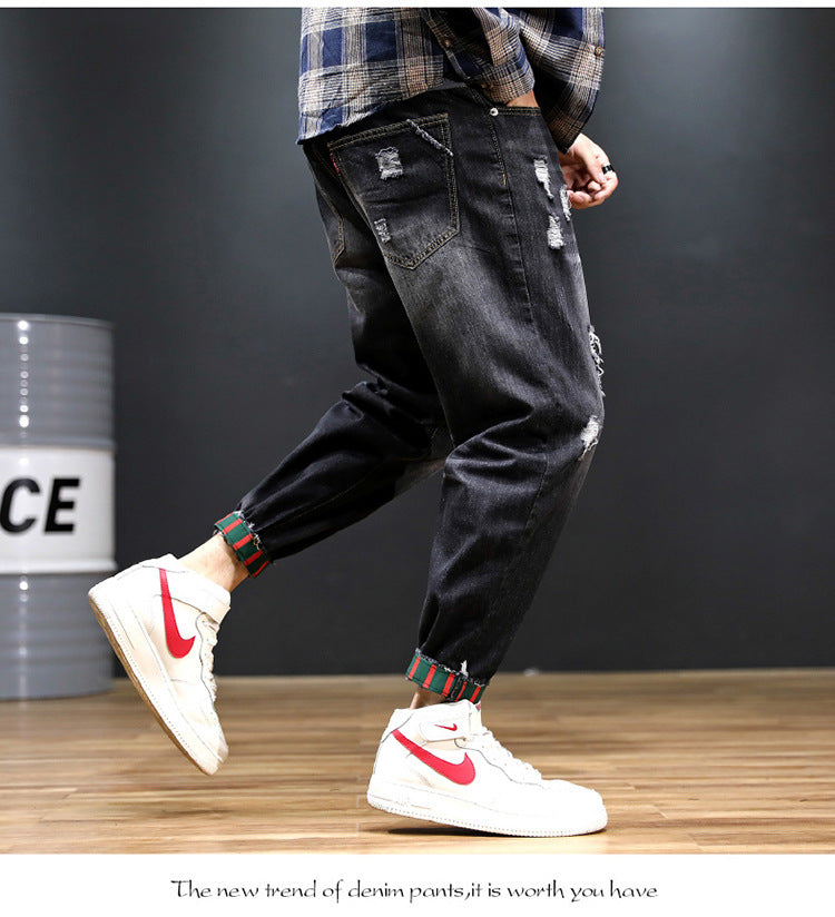 2026 summer New plus size cropped harem pants men's fashion brand European and American ripped ankle-tied loose washed jeans