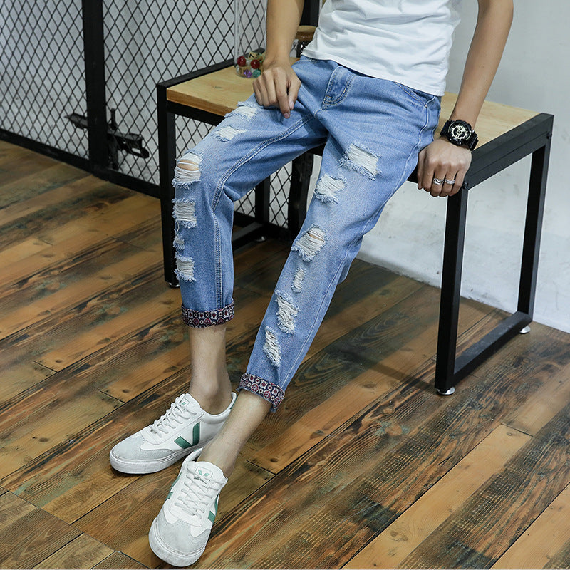 Jeans Men's Stretch Slim-fit Trendy Brand Skinny Pants Men's Summer Casual Thin Style Trendy Ankle-length Pants