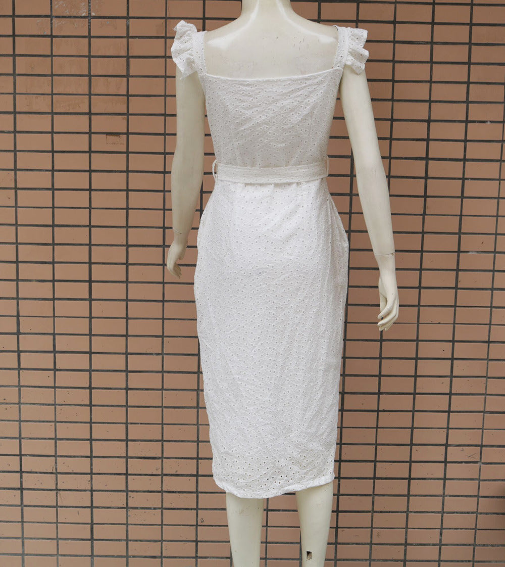 2019 European and American women's autumn and winter  sexy embroidered square collar dress 2 colors 4 sizes