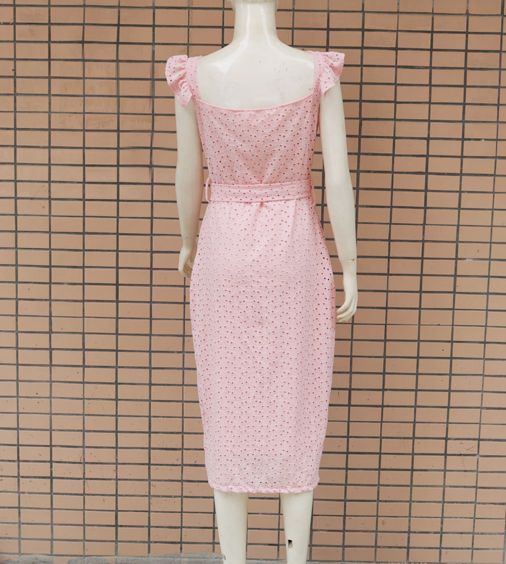 2019 European and American women's autumn and winter  sexy embroidered square collar dress 2 colors 4 sizes