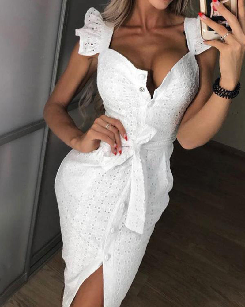 2019 European and American women's autumn and winter  sexy embroidered square collar dress 2 colors 4 sizes