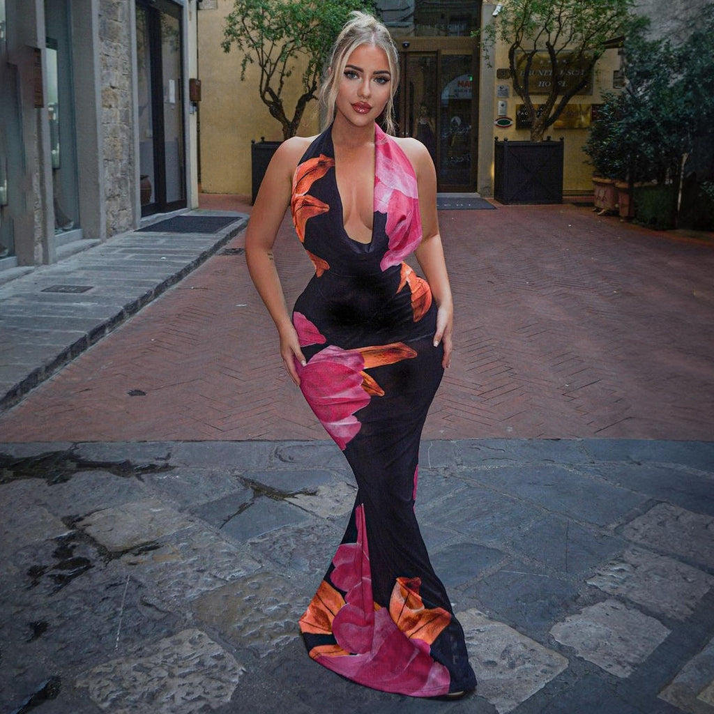 Printed Backless Tie-Waist Fitted Waist Dress