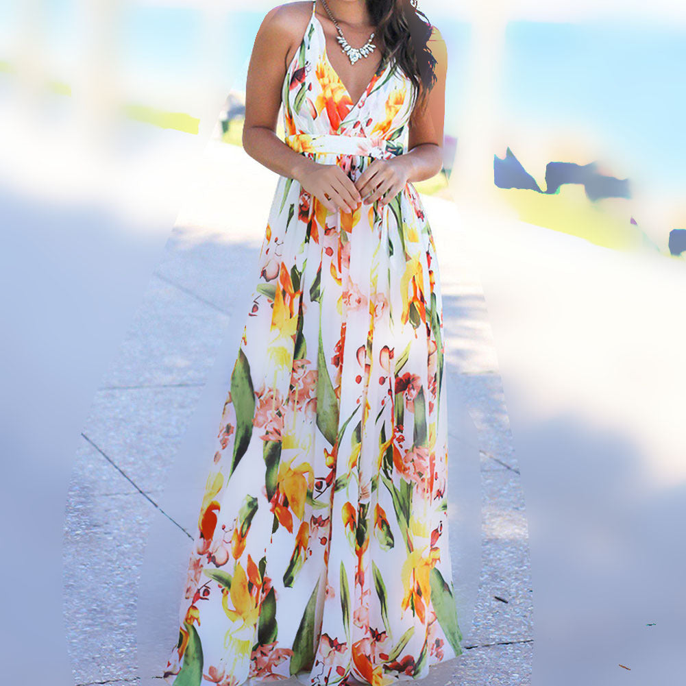 2025 Cross-Border Amazon Spring and Summer New European and American Fashion V Neck Suspender Printed Beach Dress Long Skirt