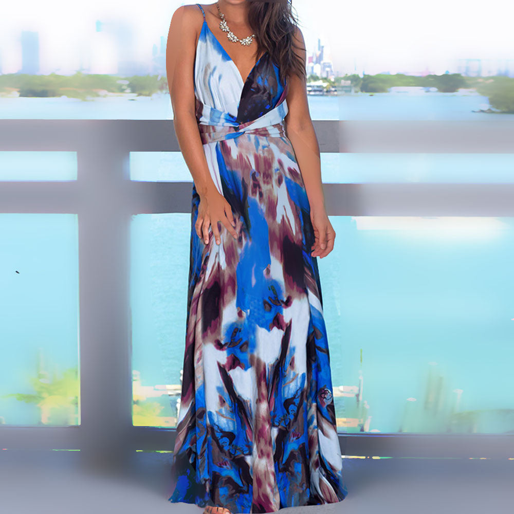 2025 Cross-Border Amazon Spring and Summer New European and American Fashion V Neck Suspender Printed Beach Dress Long Skirt