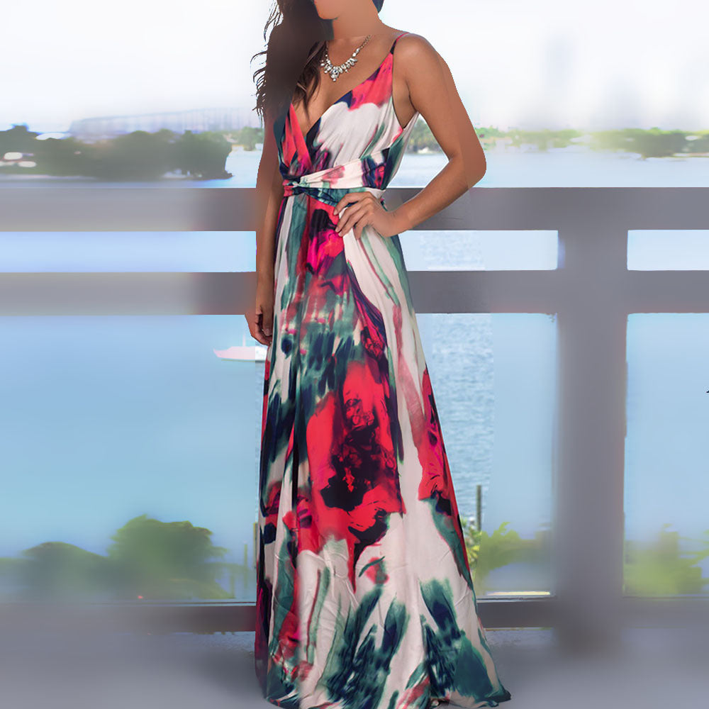 2025 Cross-Border Amazon Spring and Summer New European and American Fashion V Neck Suspender Printed Beach Dress Long Skirt