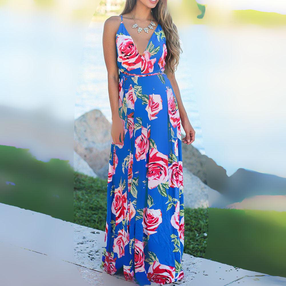 2025 Cross-Border Amazon Spring and Summer New European and American Fashion V Neck Suspender Printed Beach Dress Long Skirt