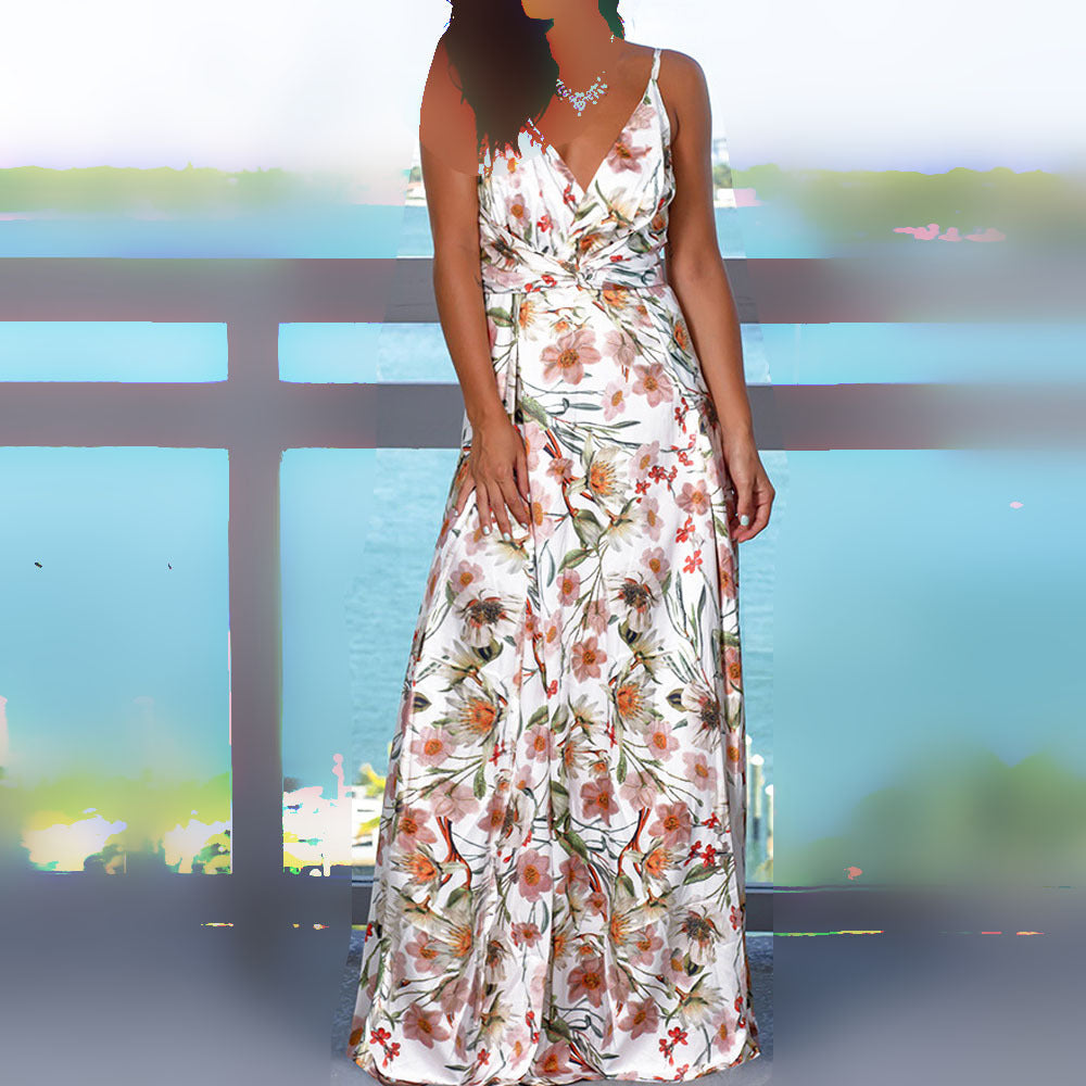 2025 Cross-Border Amazon Spring and Summer New European and American Fashion V Neck Suspender Printed Beach Dress Long Skirt