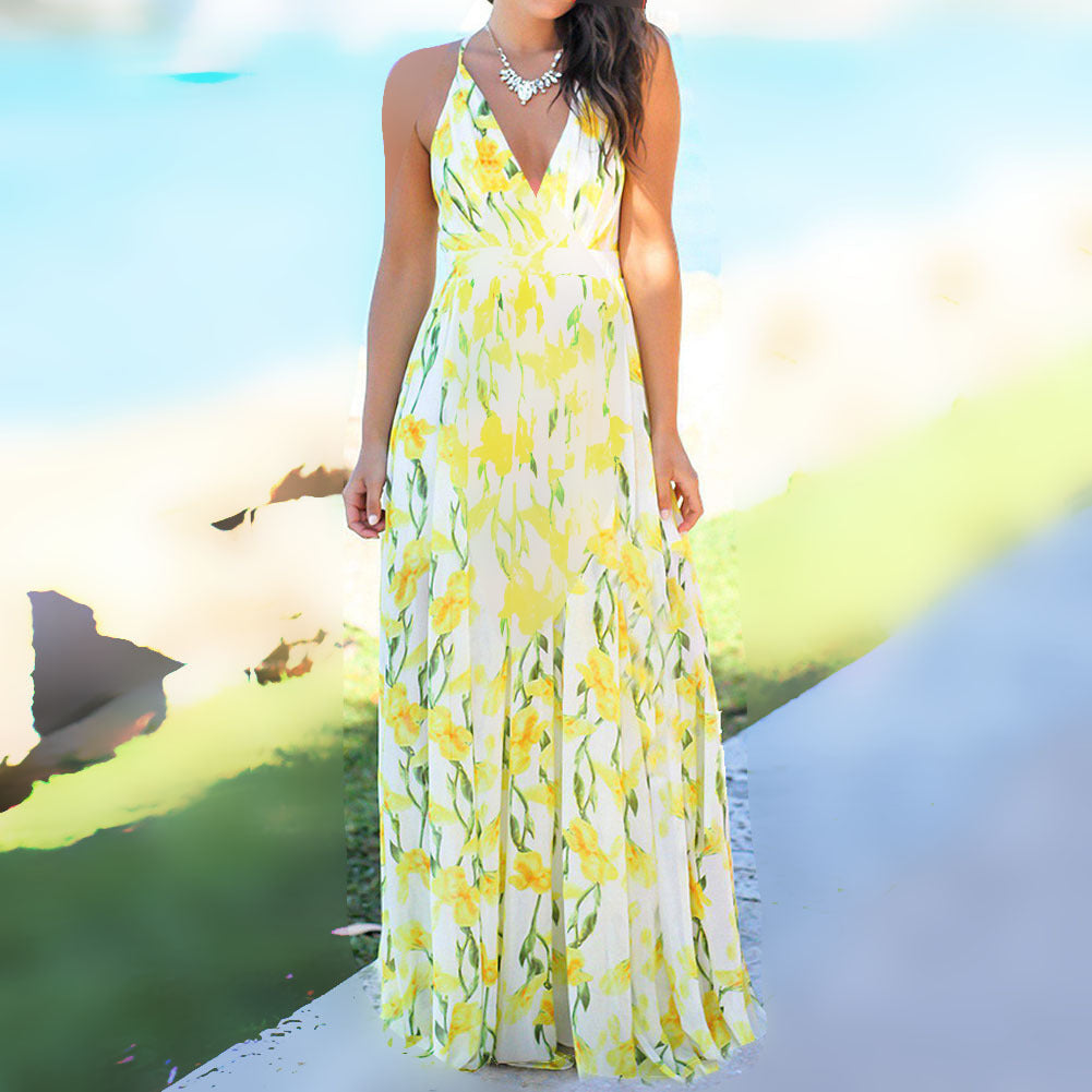 2025 Cross-Border Amazon Spring and Summer New European and American Fashion V Neck Suspender Printed Beach Dress Long Skirt