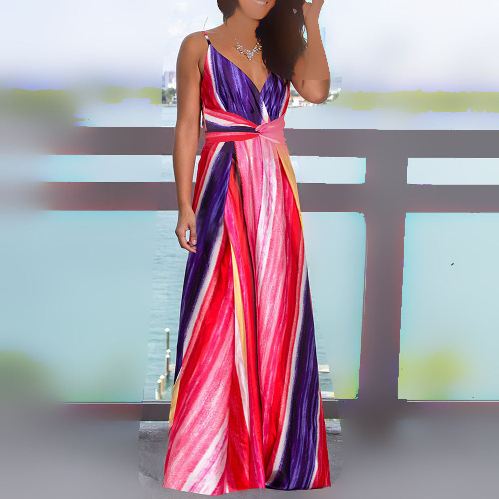 2025 Cross-Border Amazon Spring and Summer New European and American Fashion V Neck Suspender Printed Beach Dress Long Skirt