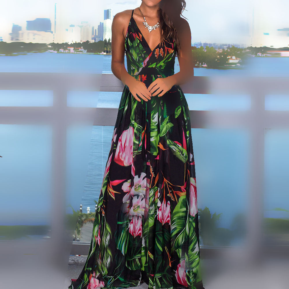 2025 Cross-Border Amazon Spring and Summer New European and American Fashion V Neck Suspender Printed Beach Dress Long Skirt