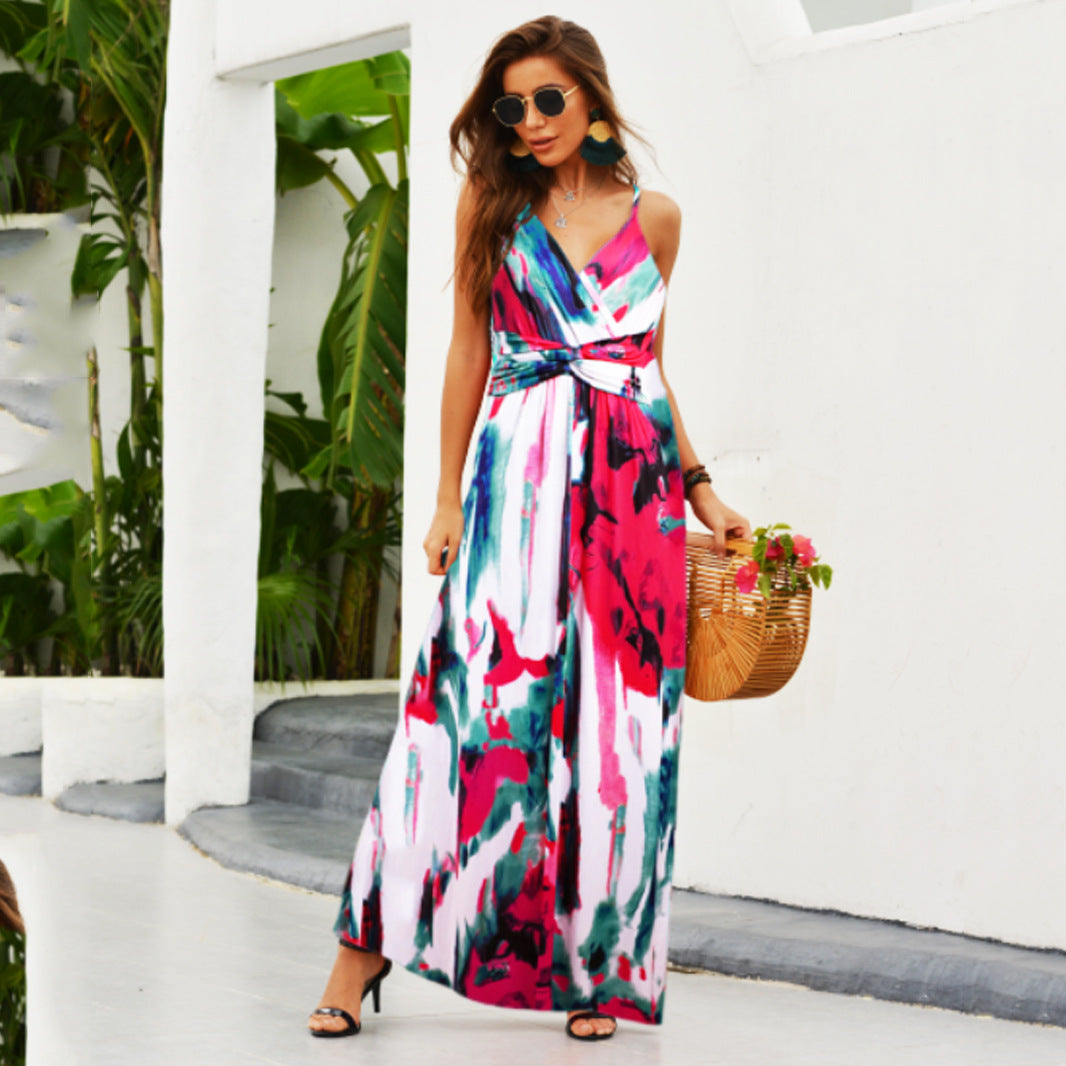 2025 Cross-Border Amazon Spring and Summer New European and American Fashion V Neck Suspender Printed Beach Dress Long Skirt