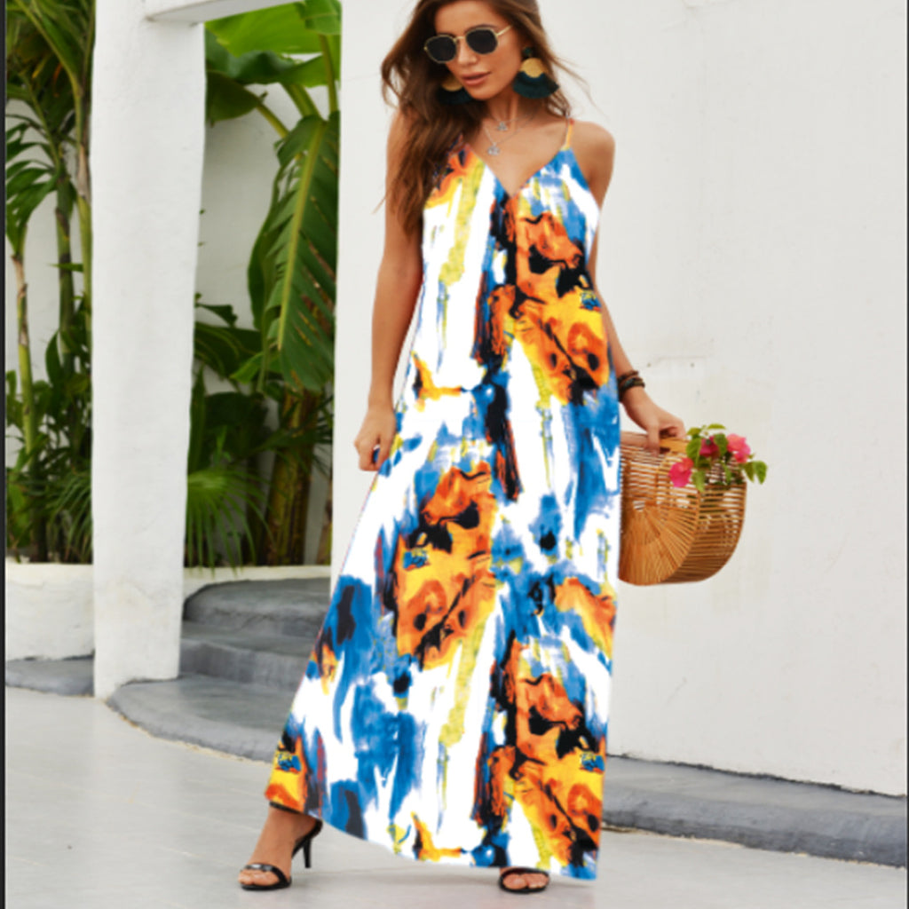 2025 Cross-Border Amazon Spring and Summer New European and American Fashion V Neck Suspender Printed Beach Dress Long Skirt