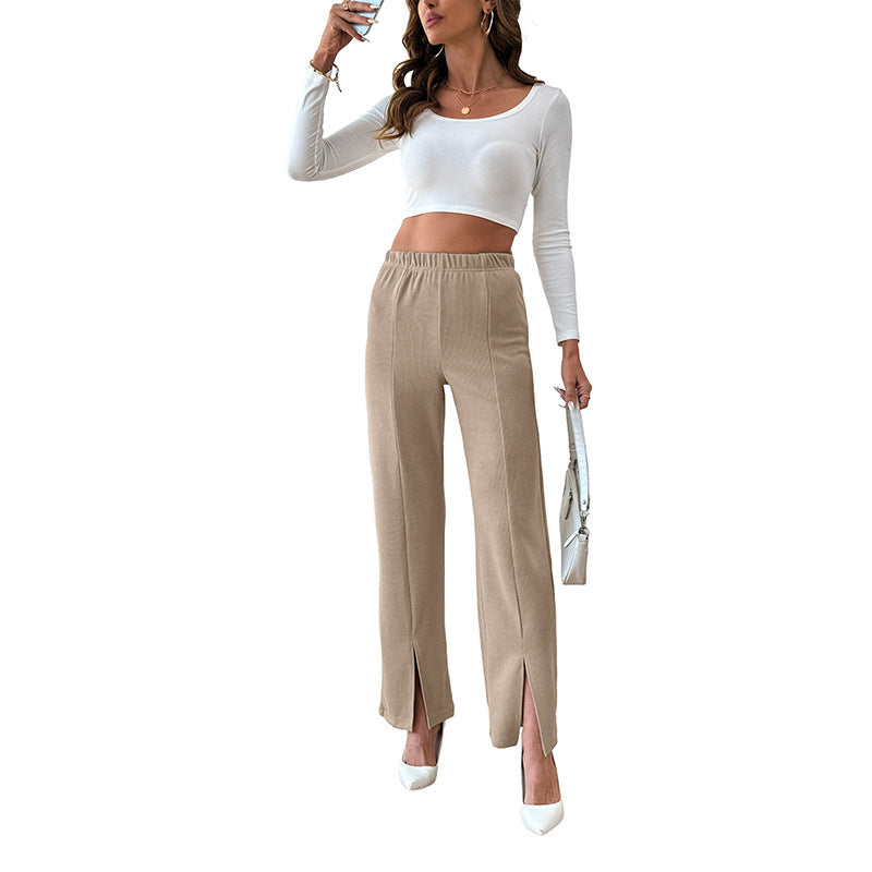 Women's Casual Solid Color Straight Leg Pants with Split Hem