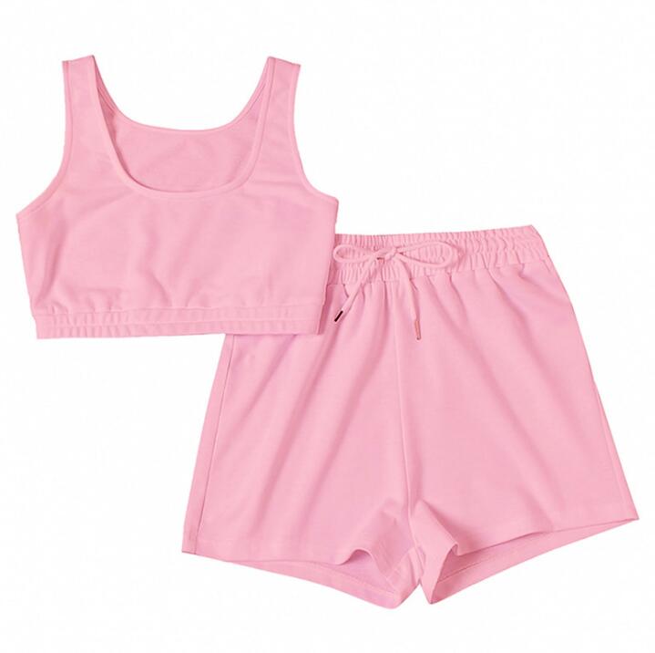 Casual Solid Sportswear Two Piece Sets Women  Crop Top And Drawstring Shorts Matching Set Summer Athleisure Outfits