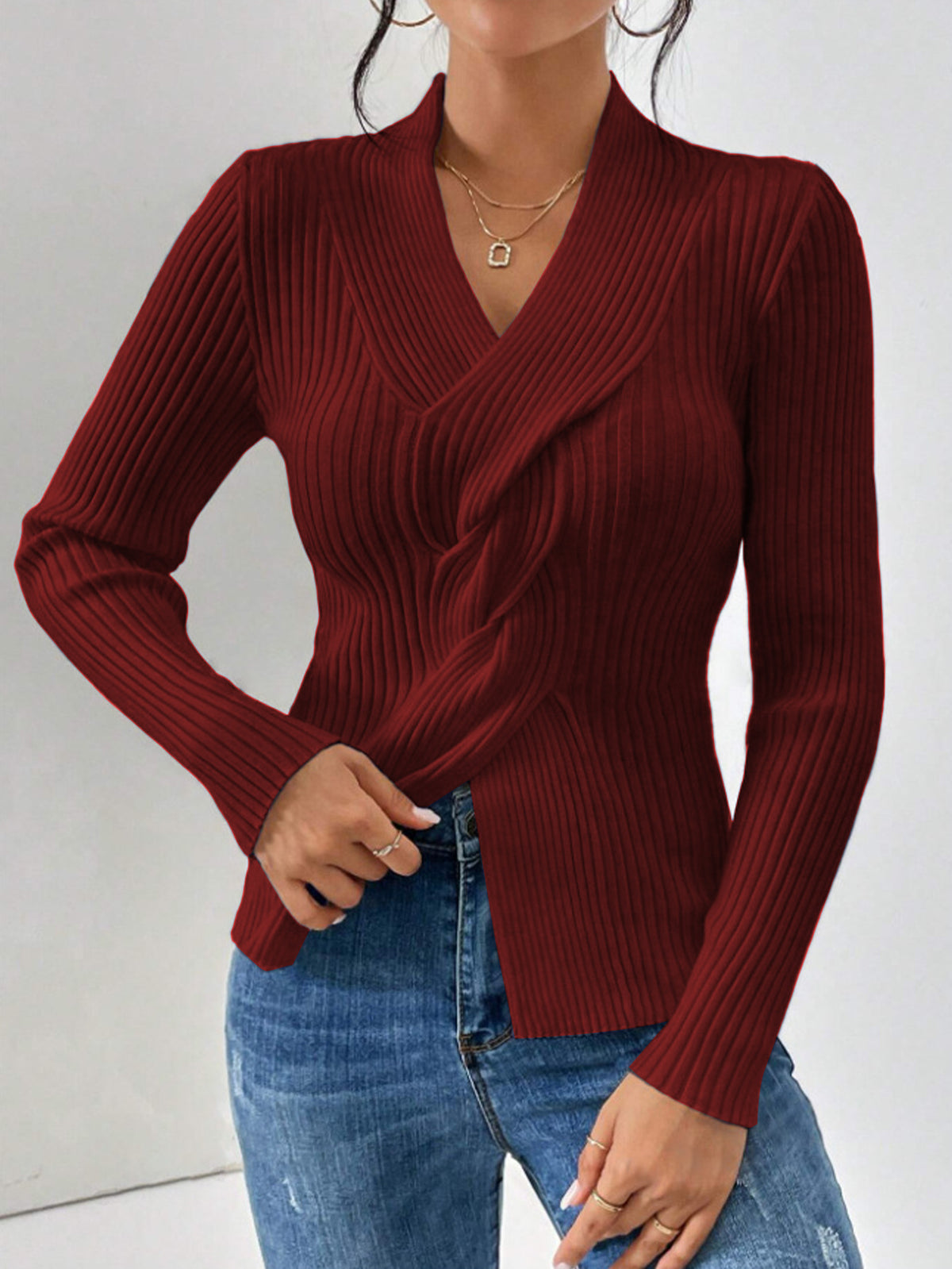 Women's knit sweater, fashion elegant, ribbed hem with slit, long sleeve, solid color, slim fit pullover