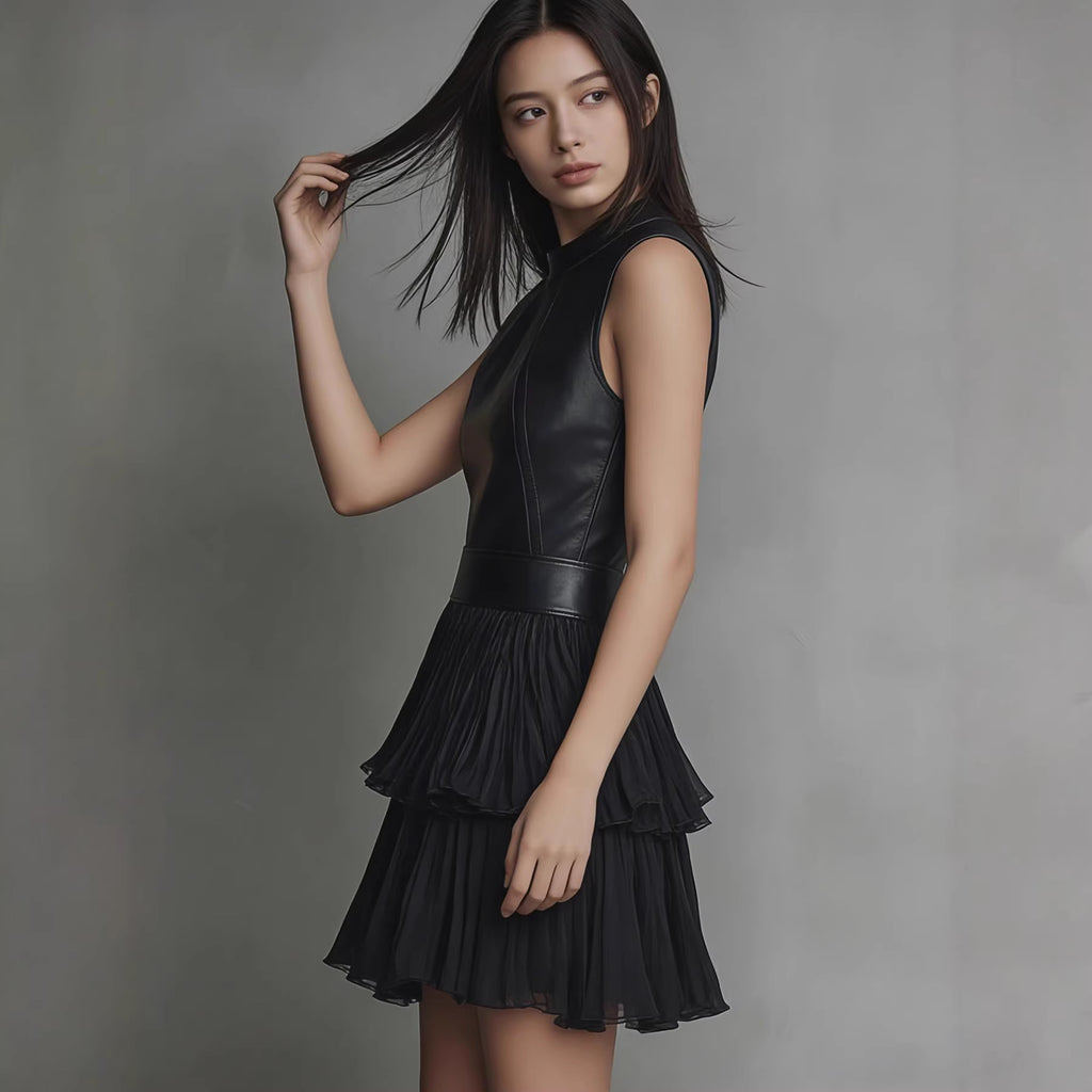 New short dress, sexy sleeveless PU leather spliced dress, elegant double-layer pleated ruffle hem skirt