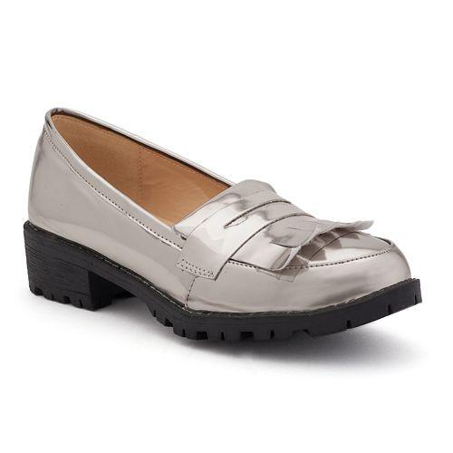 Women's Metallic Silver Patent Leather Loafers - Padded Comfort Fashion Shoes