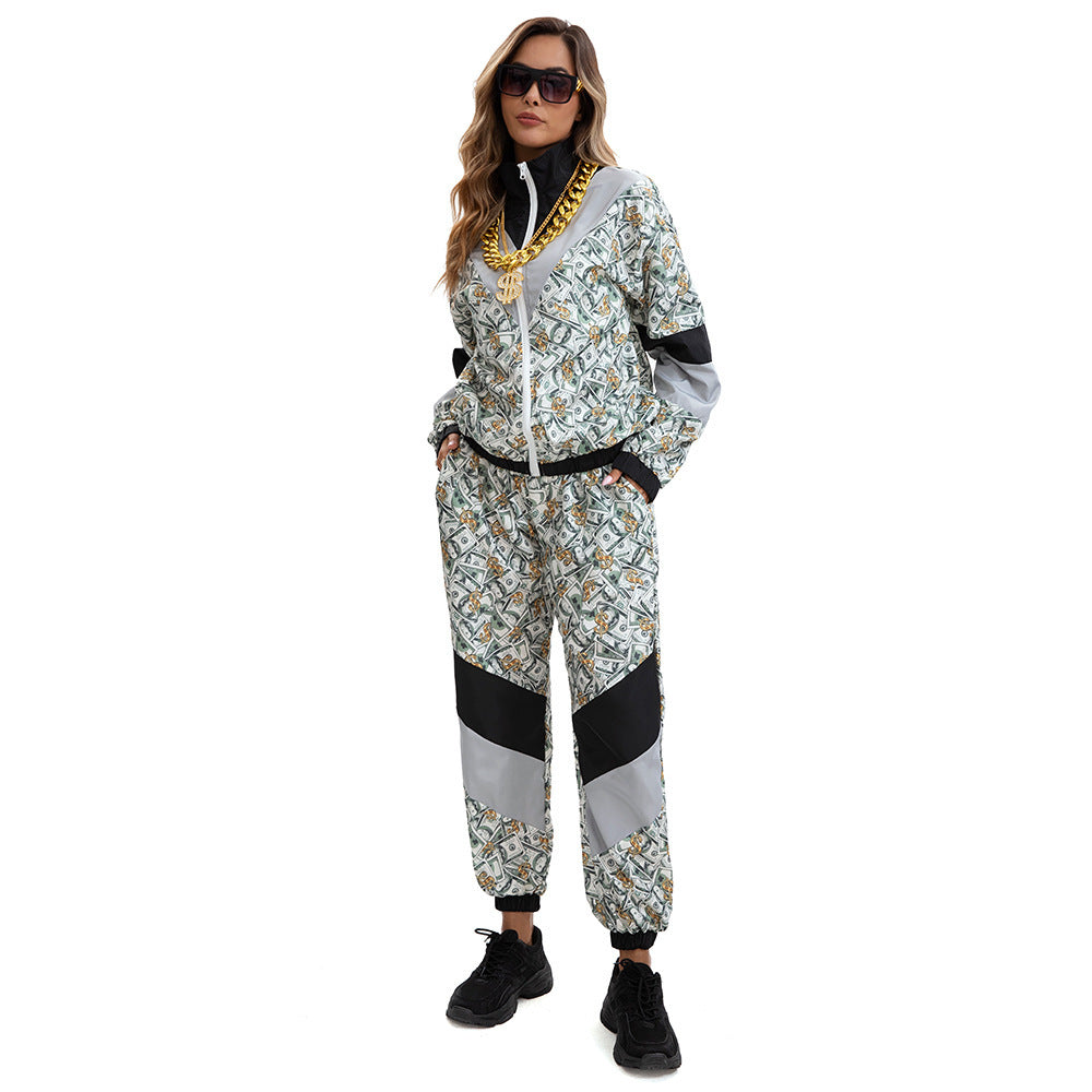 Fashion Style Silhouette Print Long sleeve Disco 80s sportswear Money patternTwo-piece set