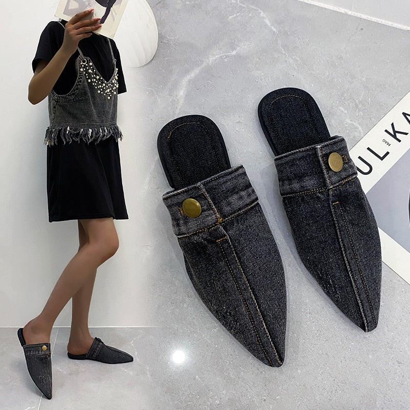 Comfortable Personality Womens Slippers Denim Round Toe Flat Shoes Female New Beach Shoes Sandals Women Slippers