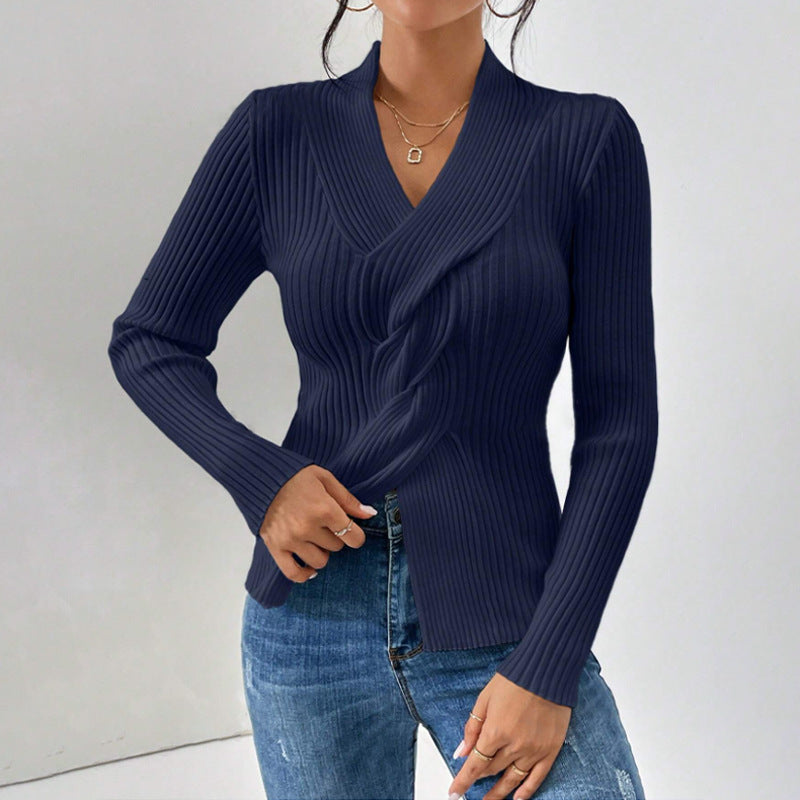 Women's knit sweater, fashion elegant, ribbed hem with slit, long sleeve, solid color, slim fit pullover