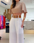 Summer Womens High Neck Flare Sleeves Sexy Cross Back Top Loose Wide Leg Pants Set for Women