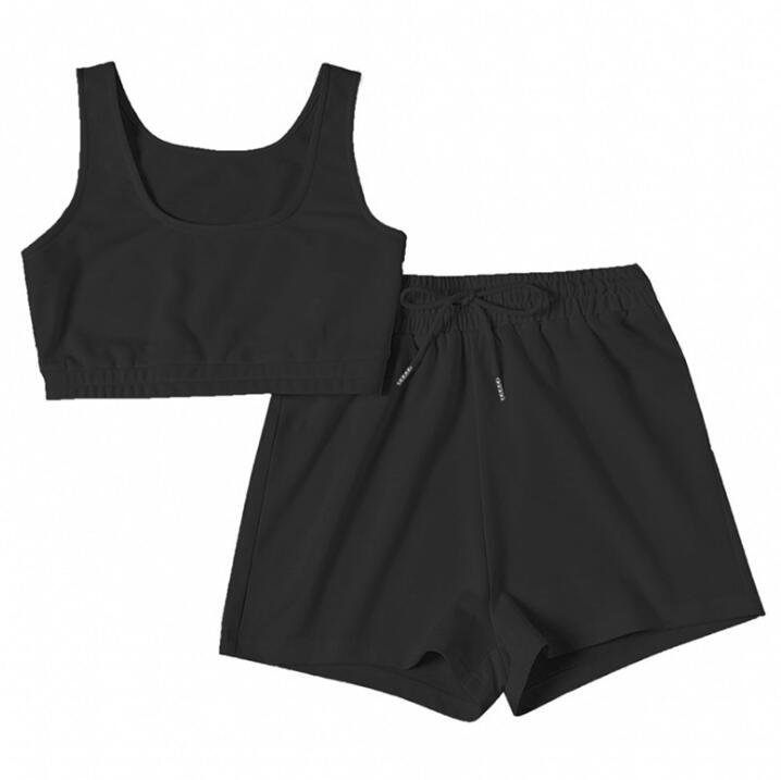 Casual Solid Sportswear Two Piece Sets Women  Crop Top And Drawstring Shorts Matching Set Summer Athleisure Outfits