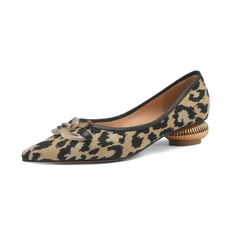 French style retro metal buckle pointed toe flat shoes for women leopard print flat granny shoes