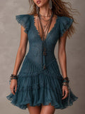 Lace Flutter Sleeve Dress for Women, Fitted Waist with Tie Strap, Layered Tulle Cake Mini Skirt
